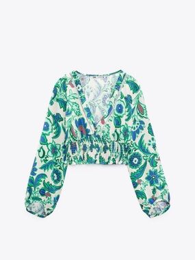 ZARA | Green Paisley V-Neck Smocked Crop Top Blouse